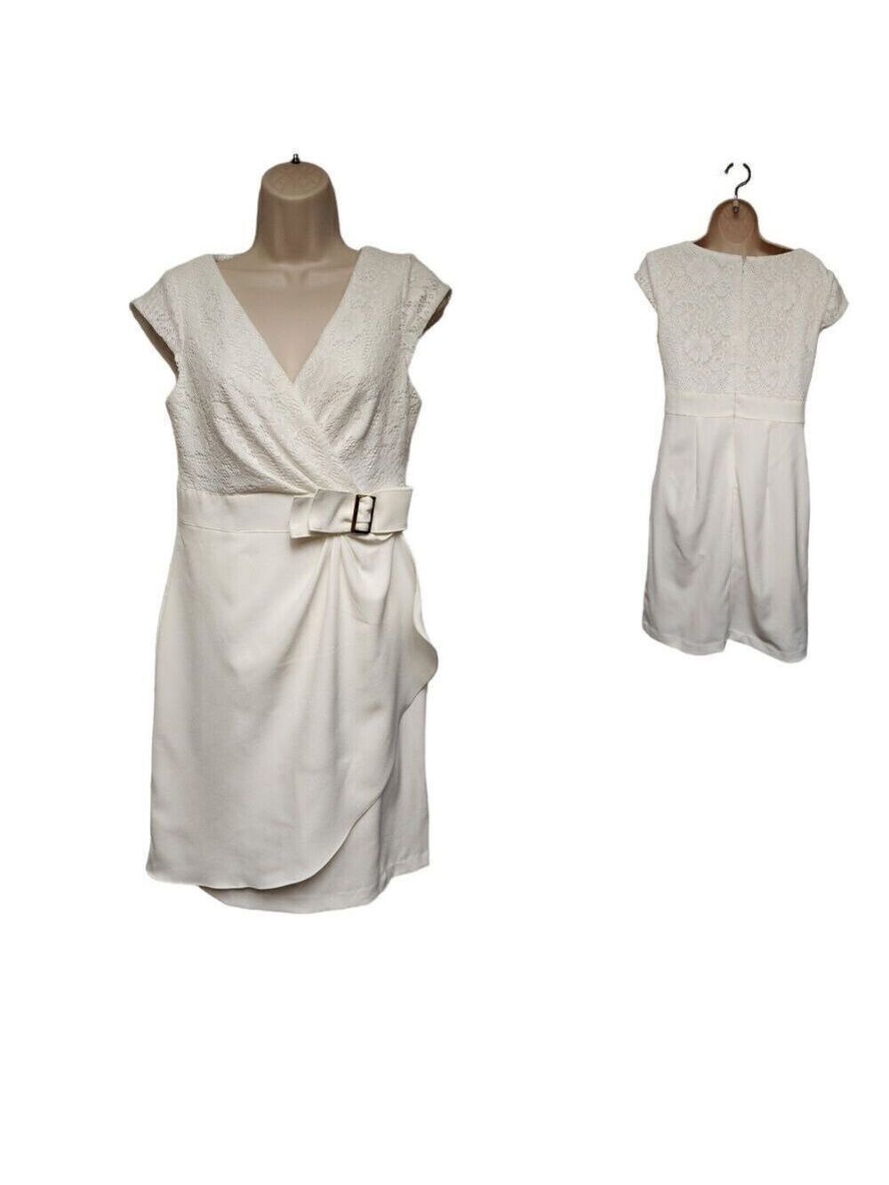STUDIO ONE Off-White V-Neck Sleeveless Faux Wrap Sheath Dress Size 8